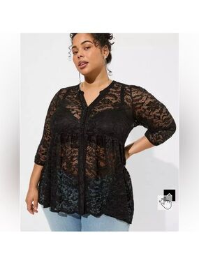 Torrid Black Floral Lace V-Neck Long Sleeve  button down tunic 3XL